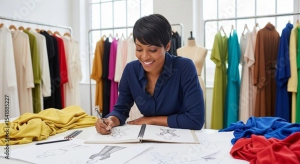 Fototapeta Fashion designer sketches designs with silk fabrics as inspiration in a bright studio setting