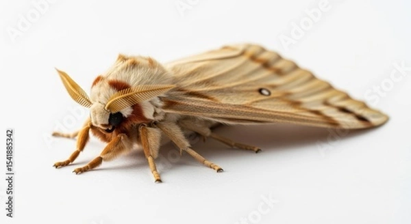 Fototapeta Silkworm moth close-up on white clean background showcasing fine details and textures