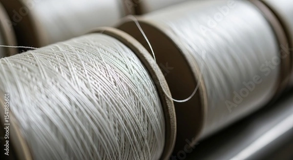 Fototapeta Transparent silk thread on industrial spools in a well-lit workspace with shallow depth of field