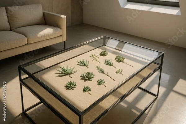 Fototapeta Display of various succulents and herbs arranged on a tabletop in a modern living space with natural light