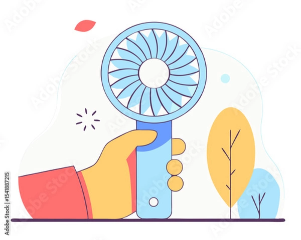 Fototapeta Hand Holding Portable Fan - Flat Design Vector Illustration (Personal Cooling Device) - Isolated on White Background