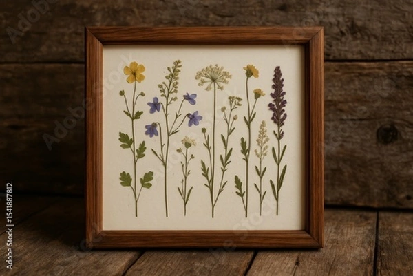 Fototapeta Herbarium display featuring a collection of pressed wildflowers arranged in a wooden frame on a rustic surface