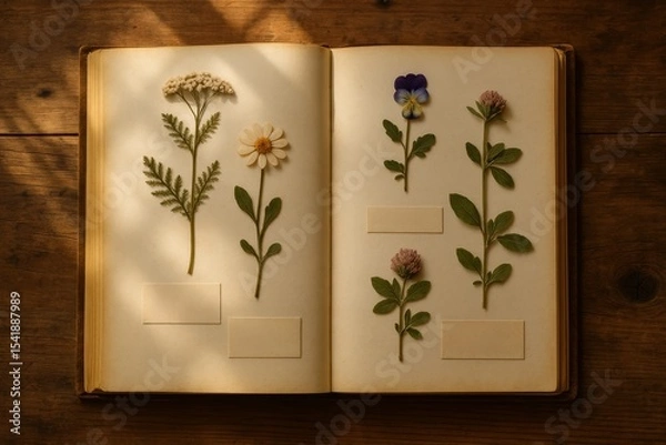 Fototapeta Herbarium showcasing pressed flowers in a vintage book on a wooden table illuminated by sunlight