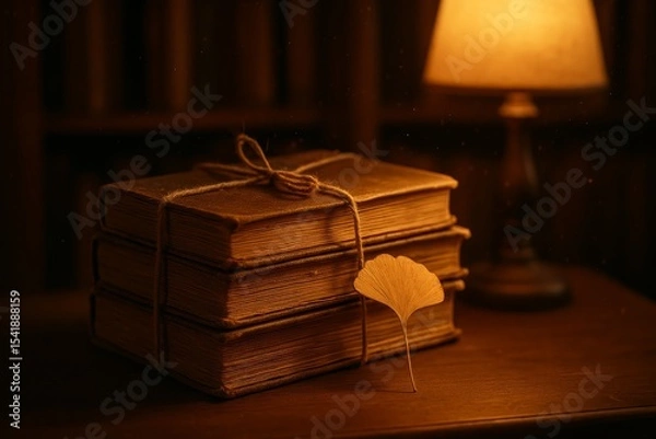 Fototapeta Collection of vintage books tied with twine and a ginkgo biloba leaf in a cozy library setting
