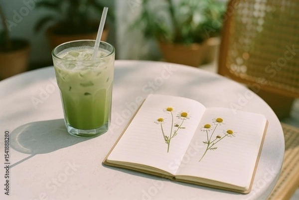 Fototapeta Detailed view of an open herbarium notebook alongside a refreshing beverage on a sunlit table in a tranquil setting
