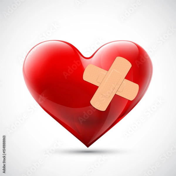 Obraz Red heart shape with medical plaster on the wound. Isolated on white background. Vector illustration