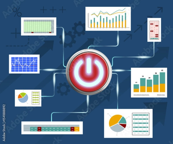 Obraz Start button on the background of financial analysis business charts and graphs. Vector illustration