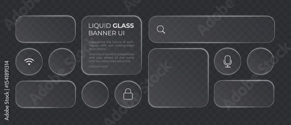 Fototapeta Liquid glass smartphone icon interface isolated for dark theme. White ui light frame square and circle banner with glow stroke. Control center widget for smartphone and web app, vector illustration.