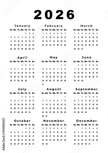 Fototapeta Calendar 2026, Week Starts Sunday, One Page A4. Design Planner Template. Print. 
