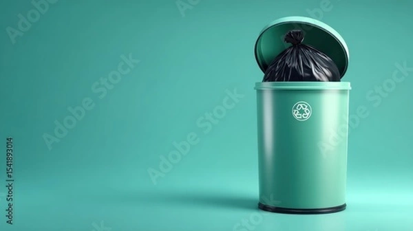 Obraz Open teal trash can with black bag