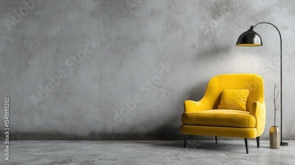 Obraz Modern, minimalist interior featuring a vibrant yellow armchair and a floor lamp against a textured gray wall