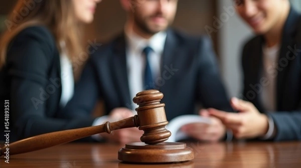 Fototapeta Judicial decision making: gavel focus with lawyers discussing in background