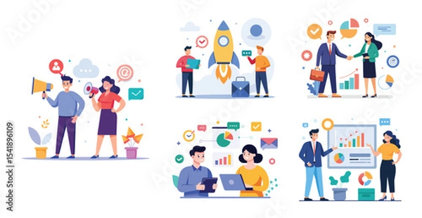 Fototapeta Illustration of business marketing ideas. Teamwork and idea sharing concept. Flat style design