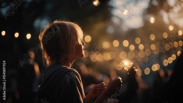 Obraz A child holding a sparkler, surrounded by glowing lights in a festive atmosphere.