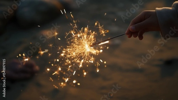 Obraz A hand holding a sparkler, creating a magical glow against a dusky background.