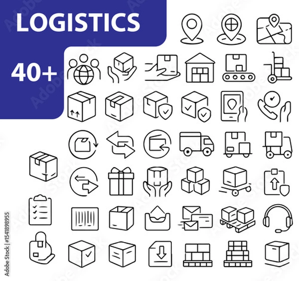 Fototapeta Logistics Line Icons Set,  Editable Vector Symbols for Delivery, Supply Chain, Shipping, and Transportation

