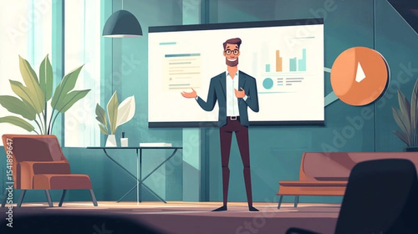 Fototapeta The confident businessman delivers a presentation in a modern office setting.