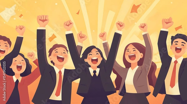 Fototapeta A team of business professionals celebrating with clapping hands or raised arms in a joyful atmosphere.