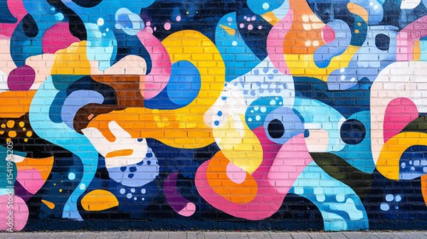Fototapeta A colorful mural on an urban wall with graffiti elements and pop art influence.