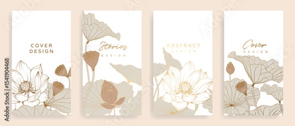 Fototapeta Luxury lotus hand drawn pattern cover design vector. Wallpaper with white lotus, blooms and leaves design in gold line art. Illustration for social media post, internet, packaging, covers, and prints.