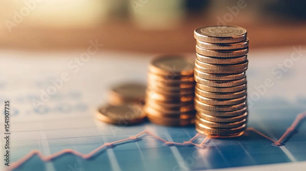 Fototapeta A stack of coins growing step by step with a line graph showing increasing profit.
