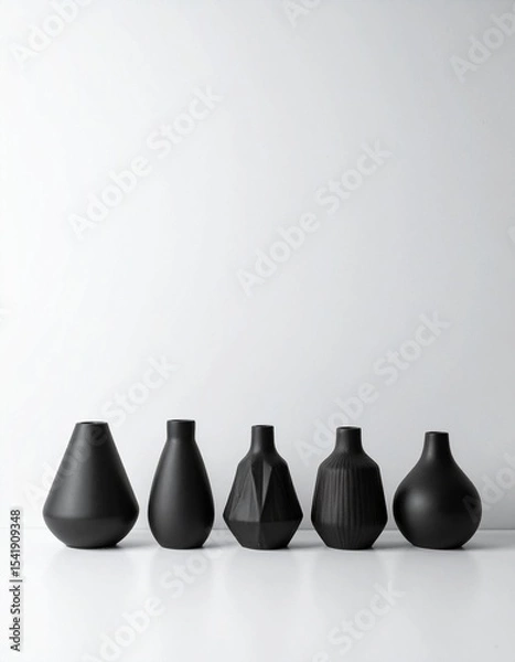 Fototapeta minimalist matte pale modern black vases of various shapes lined up on a white background