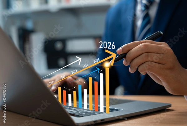 Fototapeta New Year 2026, Businessman using laptop to create new business plan for 2026. Strategy include setting goal,Development organizational direction,Objective,Target new opportunities for future growth.