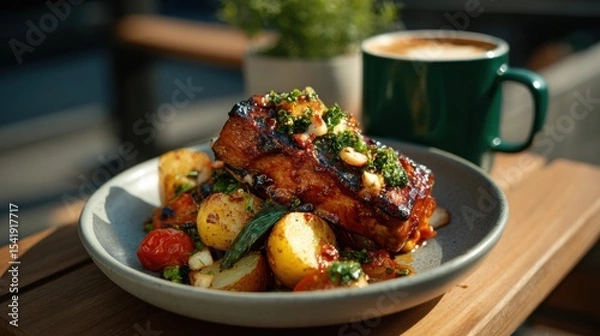 Fototapeta Delicious grilled dish with roasted vegetables and coffee served on a wooden table at a cozy cafe during a sunny afternoon