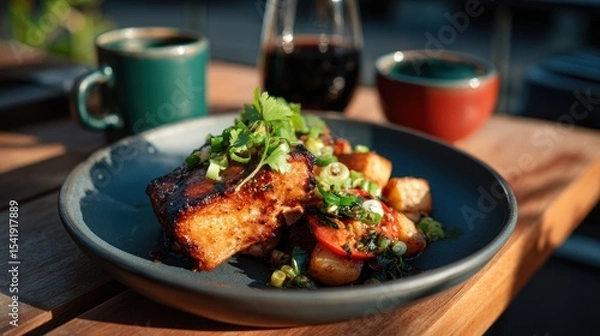 Fototapeta Delicious grilled salmon served on a wooden table with vibrant vegetables and coffee at a sunny outdoor cafe