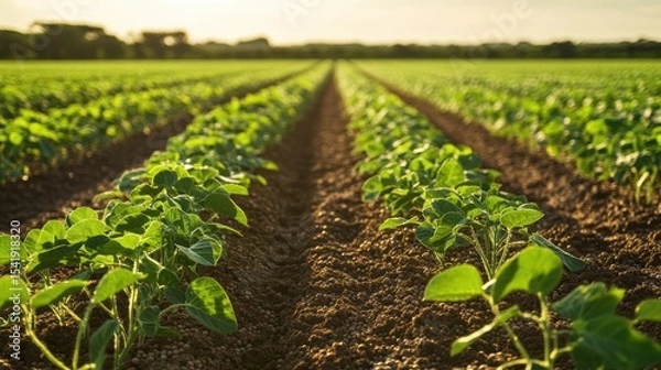Fototapeta Green crops growing steadily in rows under warm sunlight on a clear day in a rural field
