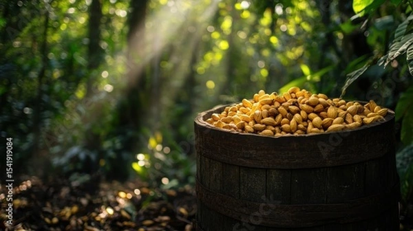 Fototapeta Beautifully harvested cocoa beans in a tropical forest basking in sunlight