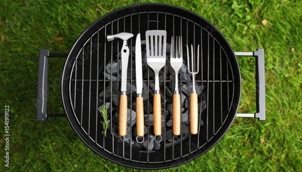 Obraz A top-down view of a barbecue grill with cooking utensils arranged neatly on grass