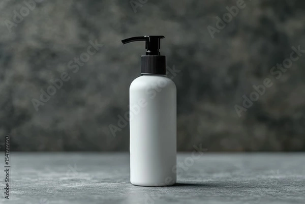 Fototapeta White bottle with pump dispenser on a textured surface in soft lighting showcasing minimalist design and sleek aesthetics