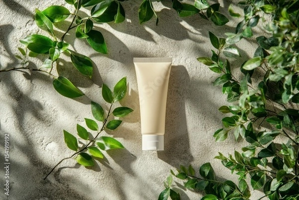 Fototapeta Natural skincare product displayed amidst green leaves on a textured background in soft lighting