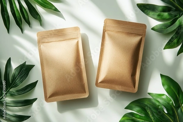 Fototapeta Natural packaging surrounded by green leaves in a bright setting