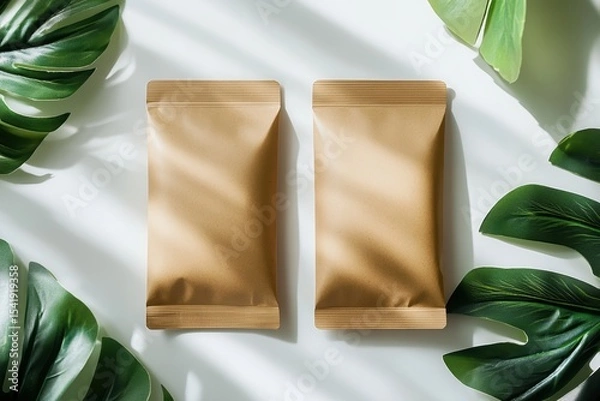 Fototapeta Two brown packages placed on a light surface surrounded by green leaves creating a peaceful setting