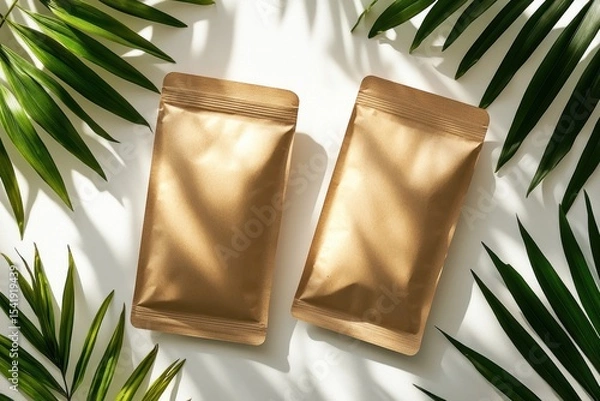 Fototapeta Stylish gold packaging of products resting on a white surface surrounded by tropical palm leaves during daylight