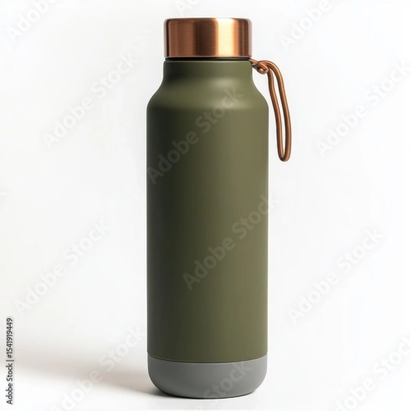 Obraz Olive green water bottle with copper lid isolated on white background