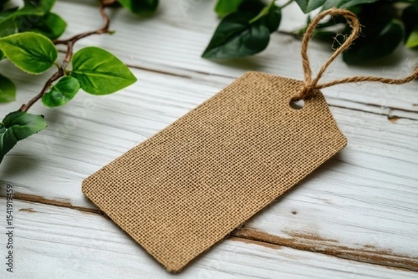 Fototapeta Crafting a natural aesthetic with a burlap tag resting alongside greenery on a rustic wooden surface