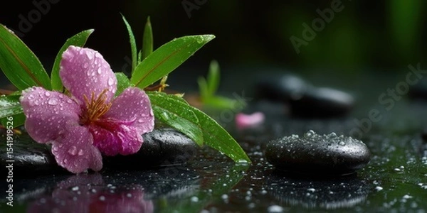 Fototapeta Vibrant pink flower with water droplets resting on smooth black stones in a serene natural setting