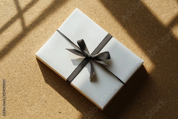 Fototapeta Wrapped gift on brown surface casts shadows in sunlight highlighting details of the ribbon and wrapping
