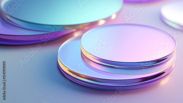 Fototapeta Futuristic stack of glossy metallic discs with iridescent reflections in purple, blue, and gold. Ideal for tech branding, abstract visuals, or modern product presentations.
