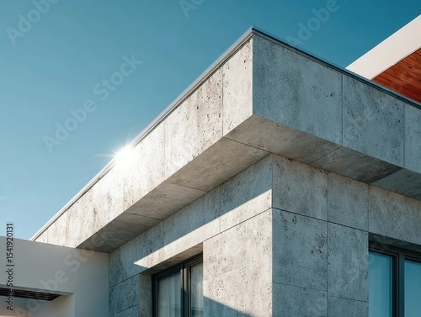 Fototapeta Modern architectural design showcases sleek concrete structure under clear blue sky in bright sunlight