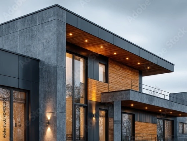 Fototapeta Modern architectural design of a stylish home featuring wood and concrete elements in a serene urban landscape under a cloudy sky
