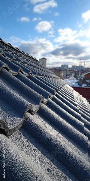 Fototapeta Roof covered with corrugated tiles under a bright blue sky with scattered clouds in an urban setting