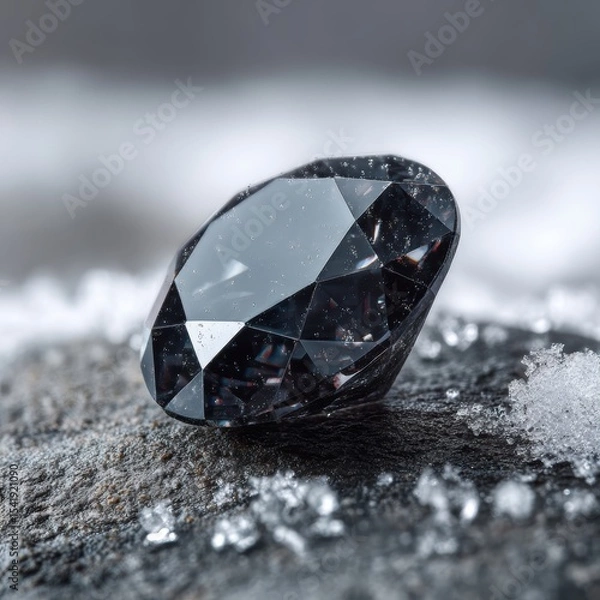 Fototapeta Black diamond resting on textured stone surrounded by snowflakes in a winter landscape