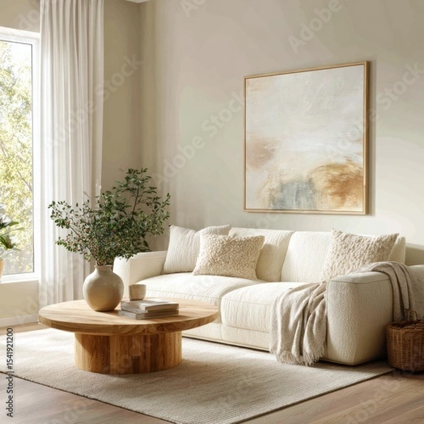 Fototapeta Cozy living room with neutral tones and modern decor featuring a comfortable sofa and a wooden coffee table