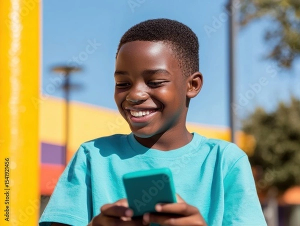 Fototapeta Young boy enjoys playing on smartphone during sunny day in park