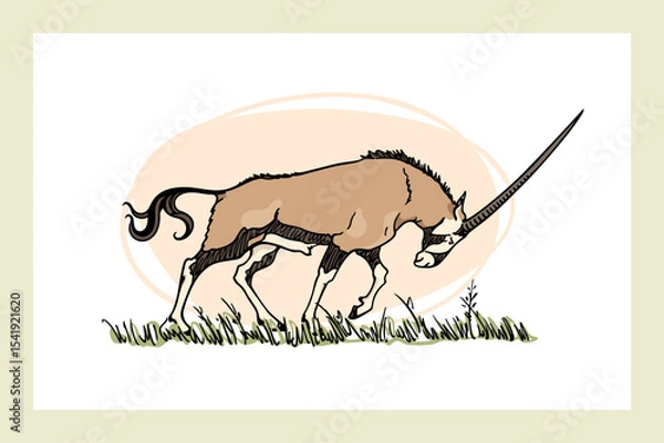 Fototapeta Vector card with hand drawn graceful oryx with its head down, walking through savannah. Ink drawing, graphic style. Beautiful wild animal illustration