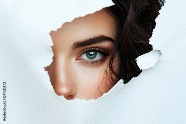 Fototapeta Face and Eye spy peeking through hole in cardboard white paper. Detective or spying concept. Looking through torn paper hole. Peeking from behind the torn hole cardboard paper.